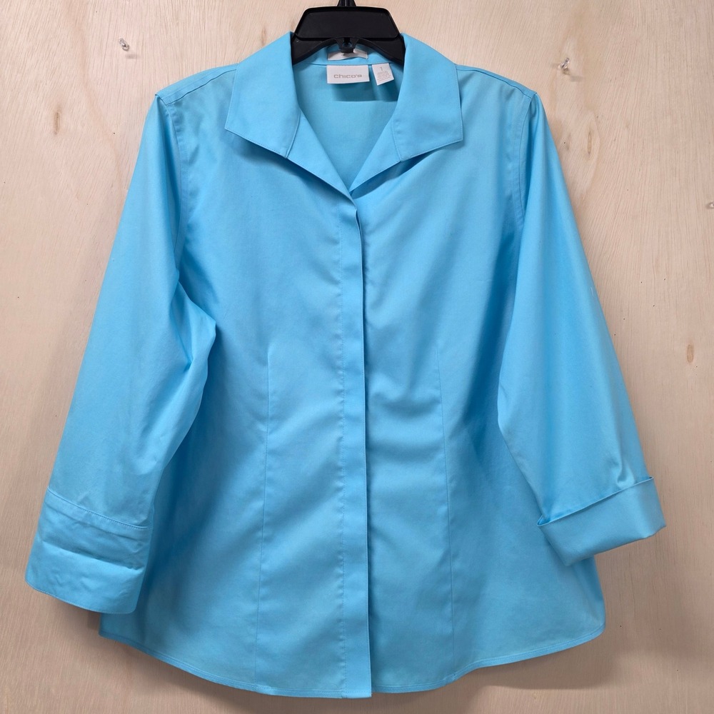 Chico's No-Iron Button Down Shirt Womens M Blue 3/4 Sleeve Cotton Blouse